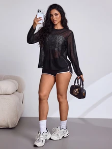 Slayform Kaos Olahraga Wanita Lengan Panjang Leher Bulat Warna Hitam dengan Lubang-Lubang - Hitam - View 3