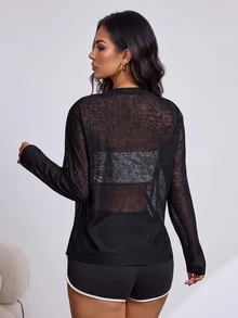Slayform Kaos Olahraga Wanita Lengan Panjang Leher Bulat Warna Hitam dengan Lubang-Lubang - Hitam - View 2