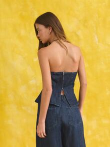 Nöista Denim Strapless Peplum Bustier Top. Going Out, Party, Chic Layering Style. Aesthetic Chic - Dark Wash - View 2