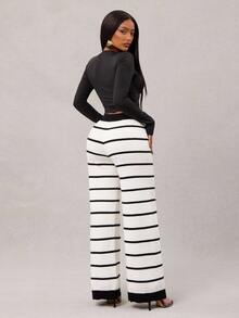 Radiana Women's Black And White Striped Autumn Casual Lounge Sweater Pants Set,Thickened Loose Colorblock Comfortable Versatile Business Retro Outing Chic - Black - View 2