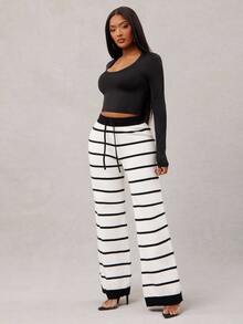 Radiana Women's Black And White Striped Autumn Casual Lounge Sweater Pants Set,Thickened Loose Colorblock Comfortable Versatile Business Retro Outing Chic - Black - View 3