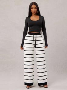 Radiana Women's Black And White Striped Autumn Casual Lounge Sweater Pants Set,Thickened Loose Colorblock Comfortable Versatile Business Retro Outing Chic - Black - View 4