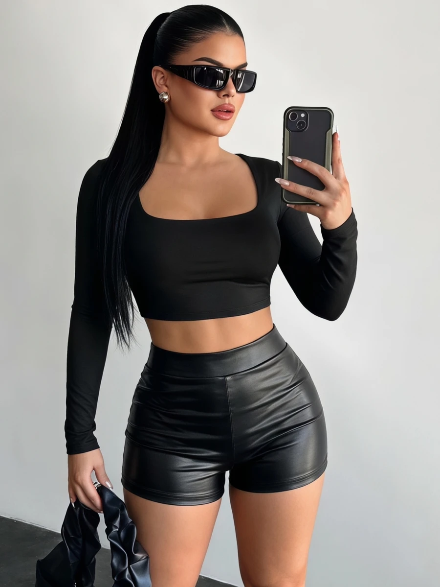 SHEIN SXY High Waist PU Leather Straight Leg Shorts - Black - View 1