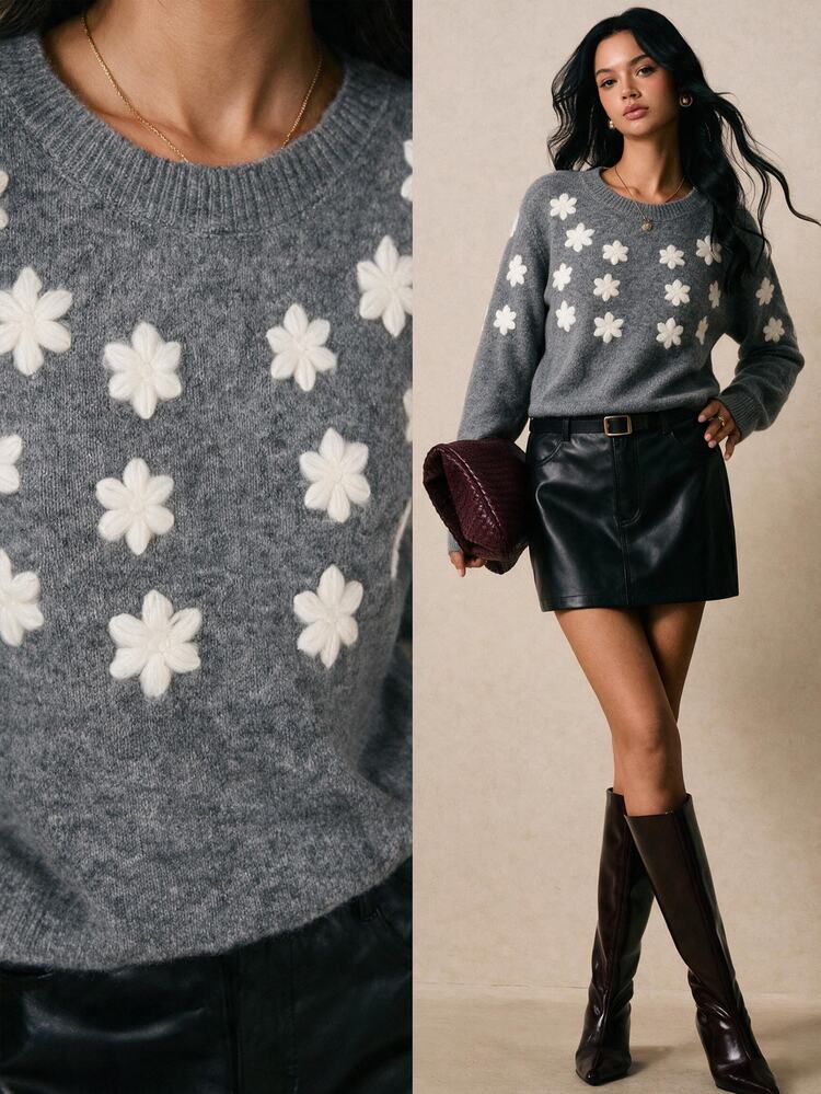 Poéselle Women's Heather Gray 3D Floral Embroidered Sweater – Crew-Neck Long-Sleeve Relaxed-Fit Soft Knit Pullover Women Fall Winter Sweater Gray Sweater - Grey - View 2