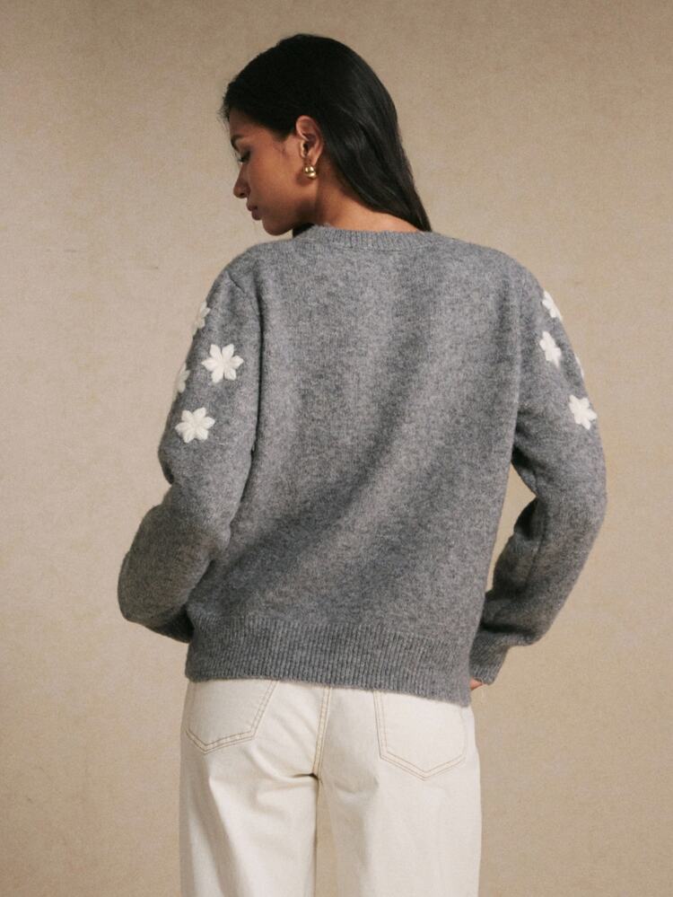 Poéselle Women's Heather Gray 3D Floral Embroidered Sweater – Crew-Neck Long-Sleeve Relaxed-Fit Soft Knit Pullover Women Fall Winter Sweater Gray Sweater - Grey - View 7