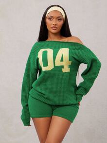Radiana 2pcs Women's Numeric Pattern Asymmetric Neck Long Sleeve Sweater And Knitted Shorts Set,Autumn And Winter,ملابس شتوية للنساء - Multicolor - View 4