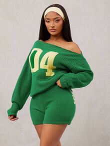 Radiana 2pcs Women's Numeric Pattern Asymmetric Neck Long Sleeve Sweater And Knitted Shorts Set,Autumn And Winter,ملابس شتوية للنساء - Multicolor - View 1