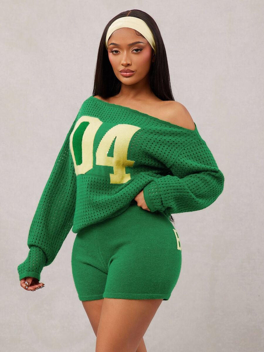 Radiana 2pcs Women's Numeric Pattern Asymmetric Neck Long Sleeve Sweater And Knitted Shorts Set,Autumn And Winter,ملابس شتوية للنساء - Multicolor - View 1
