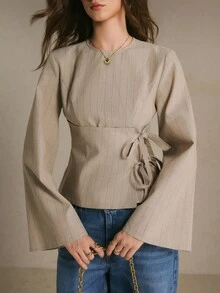 Poéselle 女款新款秋季棉混紡條紋裹身上衣，附腰部綁帶與喇叭袖，卡其色休閒街頭風與辦公穿搭 - 卡其色 - 查看 8