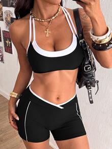 Sirith Áo top 2 trong 1 phong cách thể thao gợi cảm cho hot girl, màu trơn không họa tiết, phối viền tương phản đen trắng, hai lớp, dây mảnh, cổ chữ U, kèm quần short dáng chữ V - Đen và trắng - Xem 5