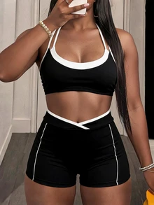 Sirith Áo top 2 trong 1 phong cách thể thao gợi cảm cho hot girl, màu trơn không họa tiết, phối viền tương phản đen trắng, hai lớp, dây mảnh, cổ chữ U, kèm quần short dáng chữ V - Đen và trắng - Xem 8