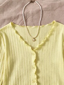 SHEIN Tween Girl Casual Cute Everyday Knit Collar Ruffle Trim Soft Yellow Fitted Cardigan With Bell Sleeves Back-To-School School Autumn For Tween Girl - Yellow - View 5