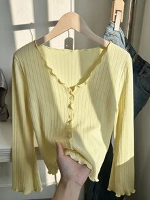 SHEIN Tween Girl Casual Cute Everyday Knit Collar Ruffle Trim Soft Yellow Fitted Cardigan With Bell Sleeves Back-To-School School Autumn For Tween Girl - Yellow - View 3