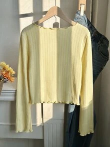 SHEIN Tween Girl Casual Cute Everyday Knit Collar Ruffle Trim Soft Yellow Fitted Cardigan With Bell Sleeves Back-To-School School Autumn For Tween Girl - Yellow - View 6