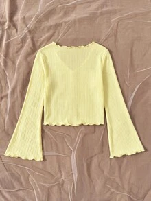 SHEIN Tween Girl Casual Cute Everyday Knit Collar Ruffle Trim Soft Yellow Fitted Cardigan With Bell Sleeves Back-To-School School Autumn For Tween Girl - Yellow - View 2