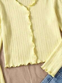 SHEIN Tween Girl Casual Cute Everyday Knit Collar Ruffle Trim Soft Yellow Fitted Cardigan With Bell Sleeves Back-To-School School Autumn For Tween Girl - Yellow - View 4