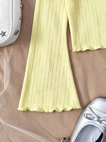 SHEIN Tween Girl Casual Cute Everyday Knit Collar Ruffle Trim Soft Yellow Fitted Cardigan With Bell Sleeves Back-To-School School Autumn For Tween Girl - Yellow - View 7
