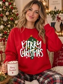 SHEIN LUNE 女款紅色聖誕樹與「Merry Christmas」字母印花運動衫，休閒寬鬆圓領長袖上衣，紅白格紋，適合秋季與節日穿著 - 紅色 - 查看 8