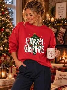 SHEIN LUNE 女款紅色聖誕樹與「Merry Christmas」字母印花運動衫，休閒寬鬆圓領長袖上衣，紅白格紋，適合秋季與節日穿著 - 紅色 - 查看 2