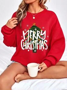 SHEIN LUNE 女款紅色聖誕樹與「Merry Christmas」字母印花運動衫，休閒寬鬆圓領長袖上衣，紅白格紋，適合秋季與節日穿著 - 紅色 - 查看 5