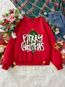 SHEIN LUNE 女款紅色聖誕樹與「Merry Christmas」字母印花運動衫，休閒寬鬆圓領長袖上衣，紅白格紋，適合秋季與節日穿著 - 紅色 - 查看 9