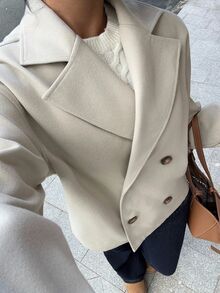SHEIN 青少年女孩秋季純色雙排扣羊毛大衣，內裡抓絨，極簡百搭時尚休閒舒適，適合秋冬，杏色羊毛翻領開襟雙排扣口袋長袖大衣，時尚休閒優雅復古學院風日常街頭校園風 - 杏色 - 查看 5