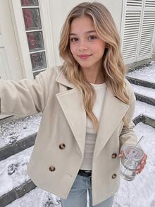 SHEIN 青少年女孩秋季純色雙排扣羊毛大衣，內裡抓絨，極簡百搭時尚休閒舒適，適合秋冬，杏色羊毛翻領開襟雙排扣口袋長袖大衣，時尚休閒優雅復古學院風日常街頭校園風 - 杏色 - 查看 3