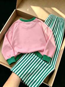 SHEIN Explorewe 1 Set Girls Letter Print Knit Pullover Long Sleeve Sweatshirt And Striped Wide Leg Sweatpants, Autumn/Winter Casual Outfit - Green - View 2