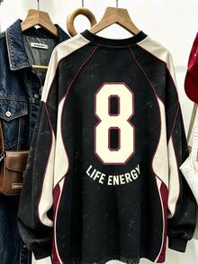 Resyla American Vintage Street Distressed V-Neck Sweatshirt, College Style, Letter Print, Autumn And Winter Style, Currently Popular, Fashionable Sweatshirt - Multicolor - View 2