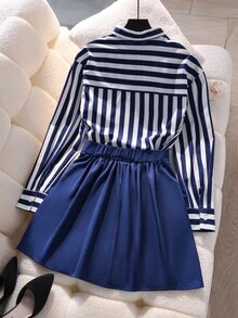 2pcs/Set Urban Commuting Striped Shirt & Skirt Set For Teen GirlSuitable For Daily Outings, Gatherings, Graduation, School - Blue - View 2