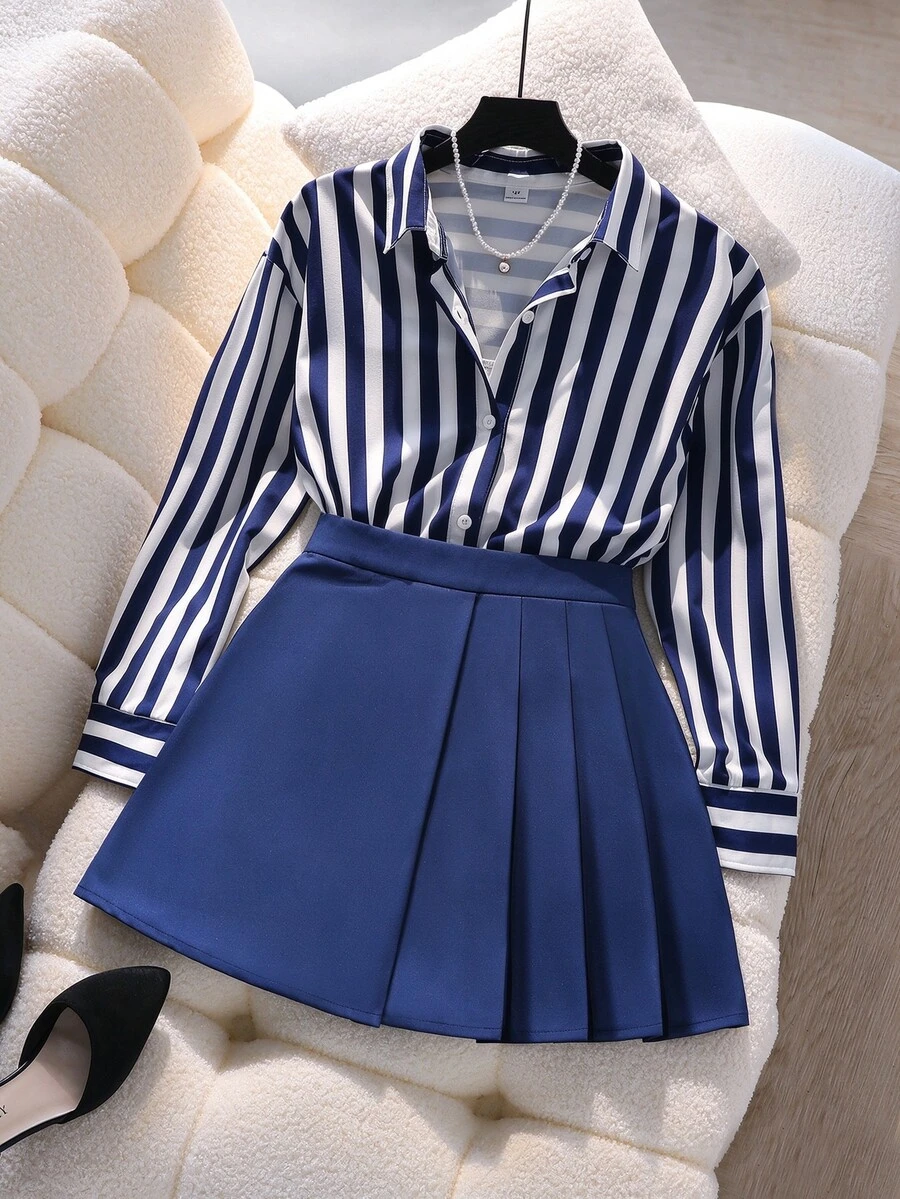 2pcs/Set Urban Commuting Striped Shirt & Skirt Set For Teen GirlSuitable For Daily Outings, Gatherings, Graduation, School - Blue - View 1
