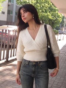 SHEIN ICON Casual Vintage Batwing Sleeve V-Neck Knit Sweater For Women - White - View 5