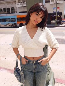 SHEIN ICON Casual Vintage Batwing Sleeve V-Neck Knit Sweater For Women - White - View 4