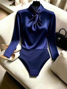 QUELARIE New High Neck Twisted Design Satin Women's Bodysuit - Navy Blue - View 3