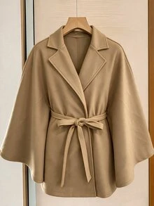 Selianne French Lapel Cape Overcoat With Waist Tie Cinched Waist Loose Shawl Style Modest Solid Color Autumn/Winter Outerwear - Khaki - View 2