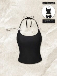 Elavelle 女款秋冬/夏季黑色掛脖蝴蝶結裝飾背心比基尼上衣，甜美可愛優雅性感，適合海灘派對、休閒度假、束腰基本款外出穿搭 - 黑色 - 查看 1