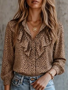 SHEIN LUNE Asymmetrical Polka Dot Print Ruffle Collar Long Sleeve Casual Boho Versatile Women's Blouse, Fall Brunch Beige - Khaki - View 3
