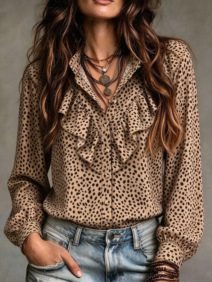 SHEIN LUNE Asymmetrical Polka Dot Print Ruffle Collar Long Sleeve Casual Boho Versatile Women's Blouse, Fall Brunch Beige - Khaki - View 1