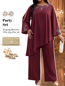 Fleurora Plus Size Women's Round Neck Long Sleeve Asymmetrical Hem Top And Pants 2 Pieces Set - Burgundy - View 6