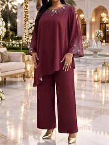 Fleurora Plus Size Women's Round Neck Long Sleeve Asymmetrical Hem Top And Pants 2 Pieces Set - Burgundy - View 5