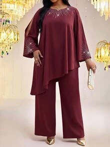 Fleurora Plus Size Women's Round Neck Long Sleeve Asymmetrical Hem Top And Pants 2 Pieces Set - Burgundy - View 4