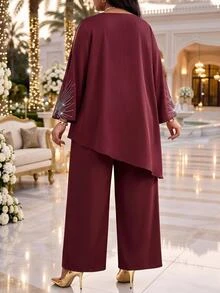 Fleurora Plus Size Women's Round Neck Long Sleeve Asymmetrical Hem Top And Pants 2 Pieces Set - Burgundy - View 2