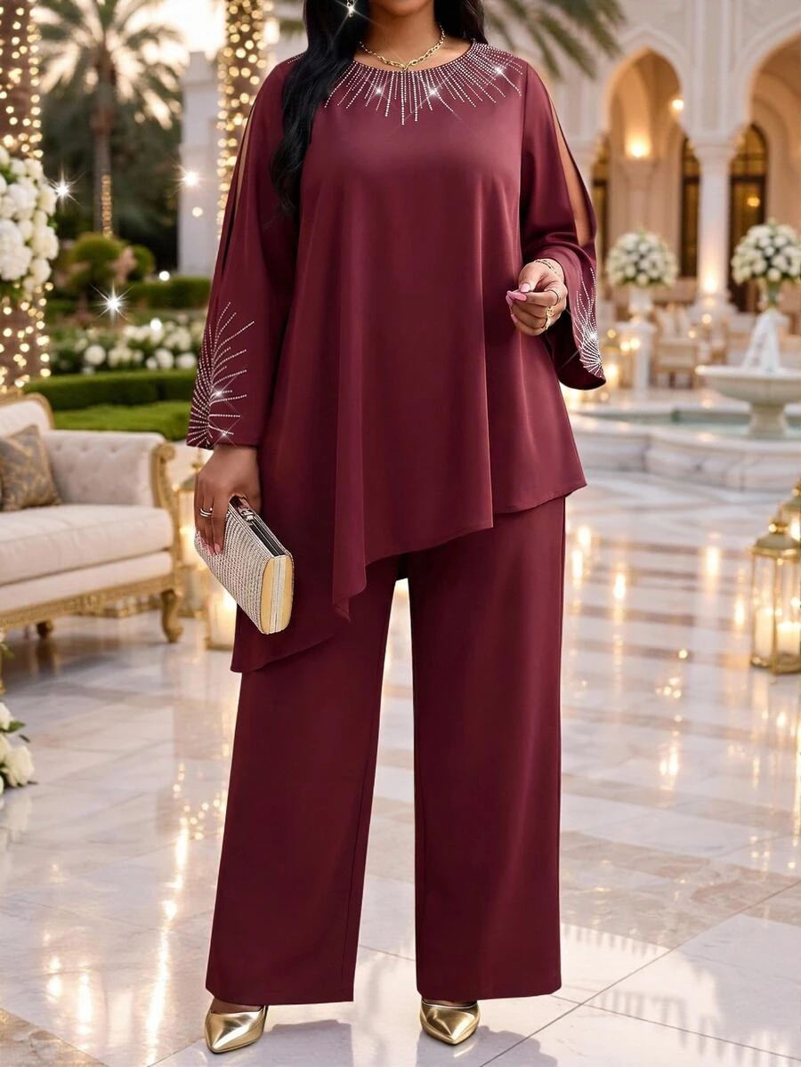 Fleurora Plus Size Women's Round Neck Long Sleeve Asymmetrical Hem Top And Pants 2 Pieces Set - Burgundy - View 1