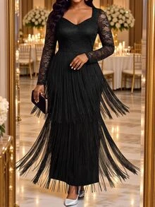 Fleurora Plus Size Women Solid Color V-Neck Lace Patchwork Tassel Hem Fashion Party Dress - Black - View 5