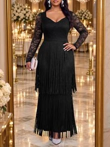 Fleurora Plus Size Women Solid Color V-Neck Lace Patchwork Tassel Hem Fashion Party Dress - Black - View 6