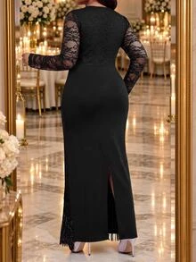 Fleurora Plus Size Women Solid Color V-Neck Lace Patchwork Tassel Hem Fashion Party Dress - Black - View 2