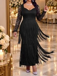 Fleurora Plus Size Women Solid Color V-Neck Lace Patchwork Tassel Hem Fashion Party Dress - Black - View 3