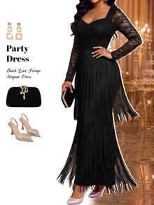Fleurora Plus Size Women Solid Color V-Neck Lace Patchwork Tassel Hem Fashion Party Dress - Black - View 7
