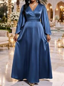 Fleurora Plus Size Women Solid Color Overlap V-Neck Bell Sleeve Elegant Dress - Khaki - View 3