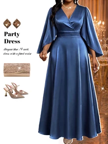 Fleurora Plus Size Women Solid Color Overlap V-Neck Bell Sleeve Elegant Dress - Khaki - View 4